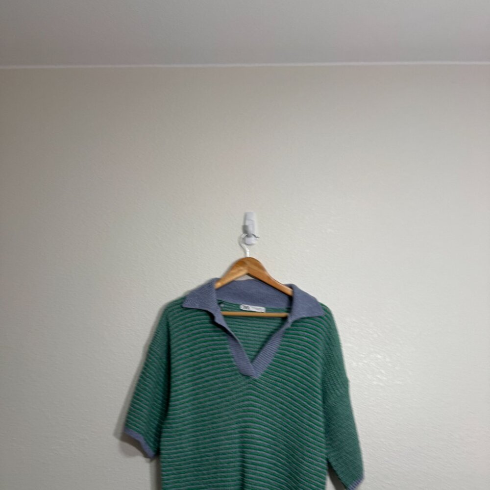 ZARA Knit Green Blue Stripe Sweater Top Short Sleeve Polo Collar Small-Medium - Picture 4 of 6